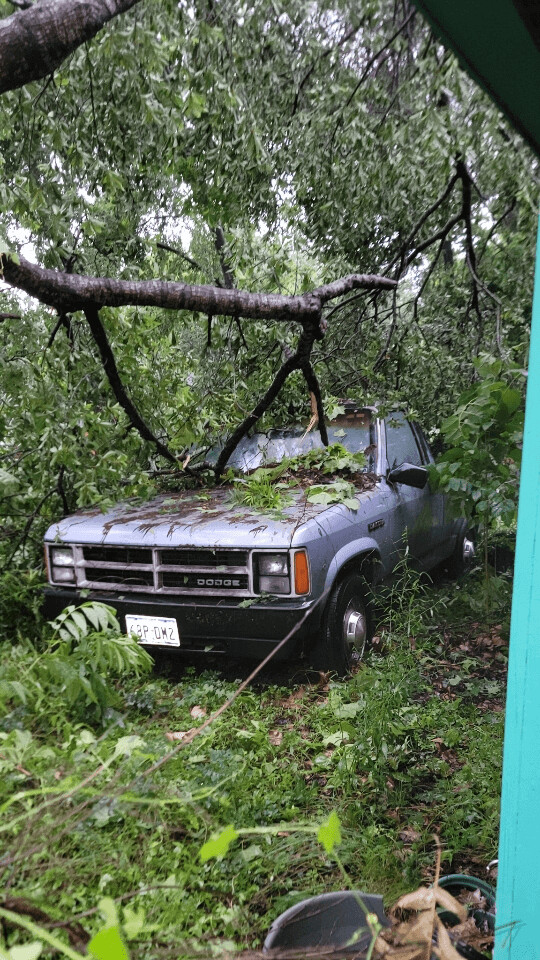 Car and yard damage caused by Derecho storm in Houston